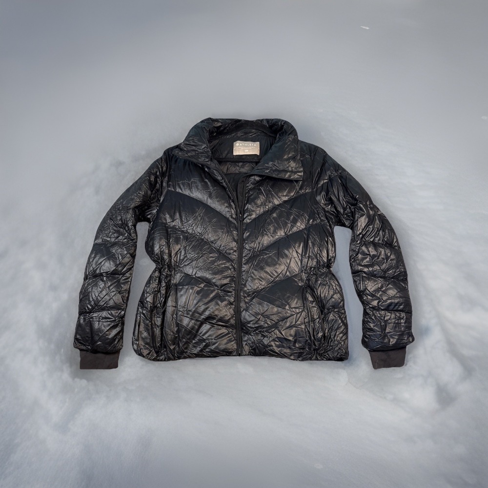 Athleta Lofty Puffer Jacket‎ Womens Size MP Black Goose Down Coat Casual Zipper